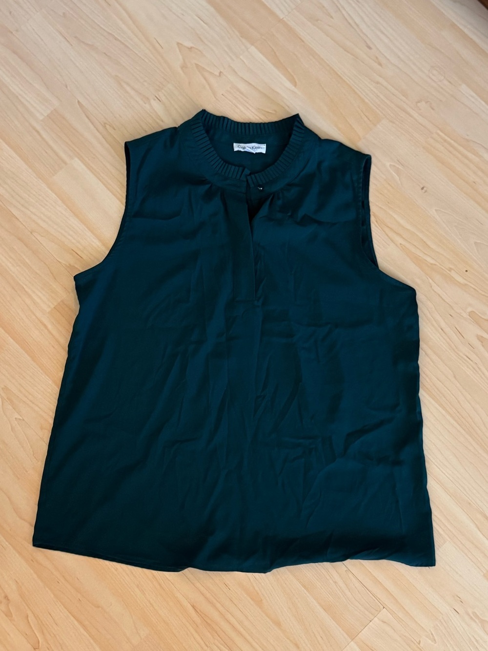 Calvin Klein deep green Sleeveless pleat-Trim Shell